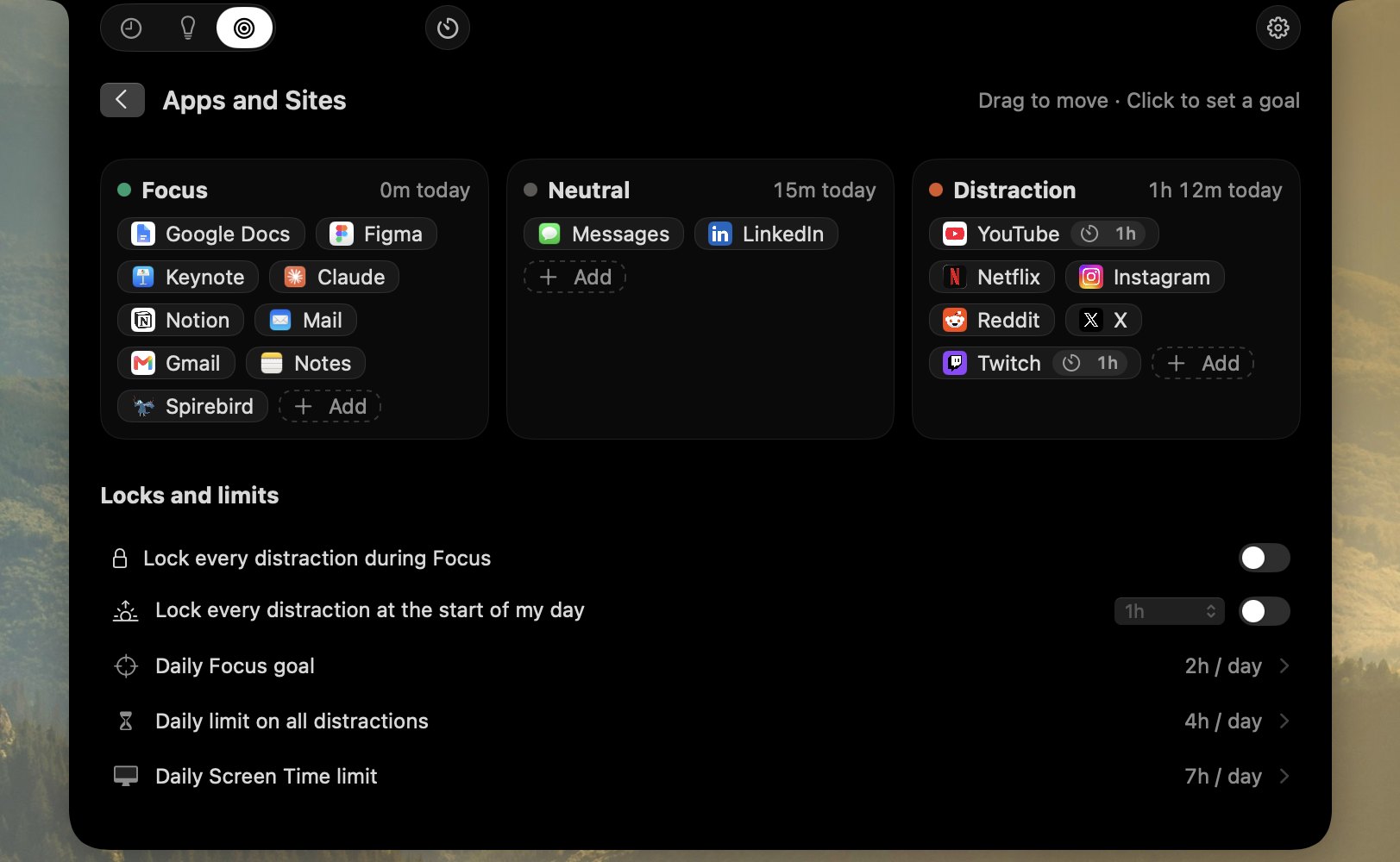 Adding a goal: apps and sites in three buckets, Focus, Neutral and Distraction, then locks and limits.